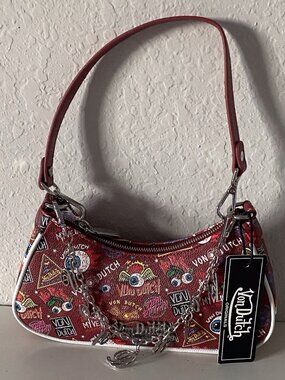 Von Dutch Red Jax Eyeball Logo All Over Shoulder Bag W/Charms NEW
